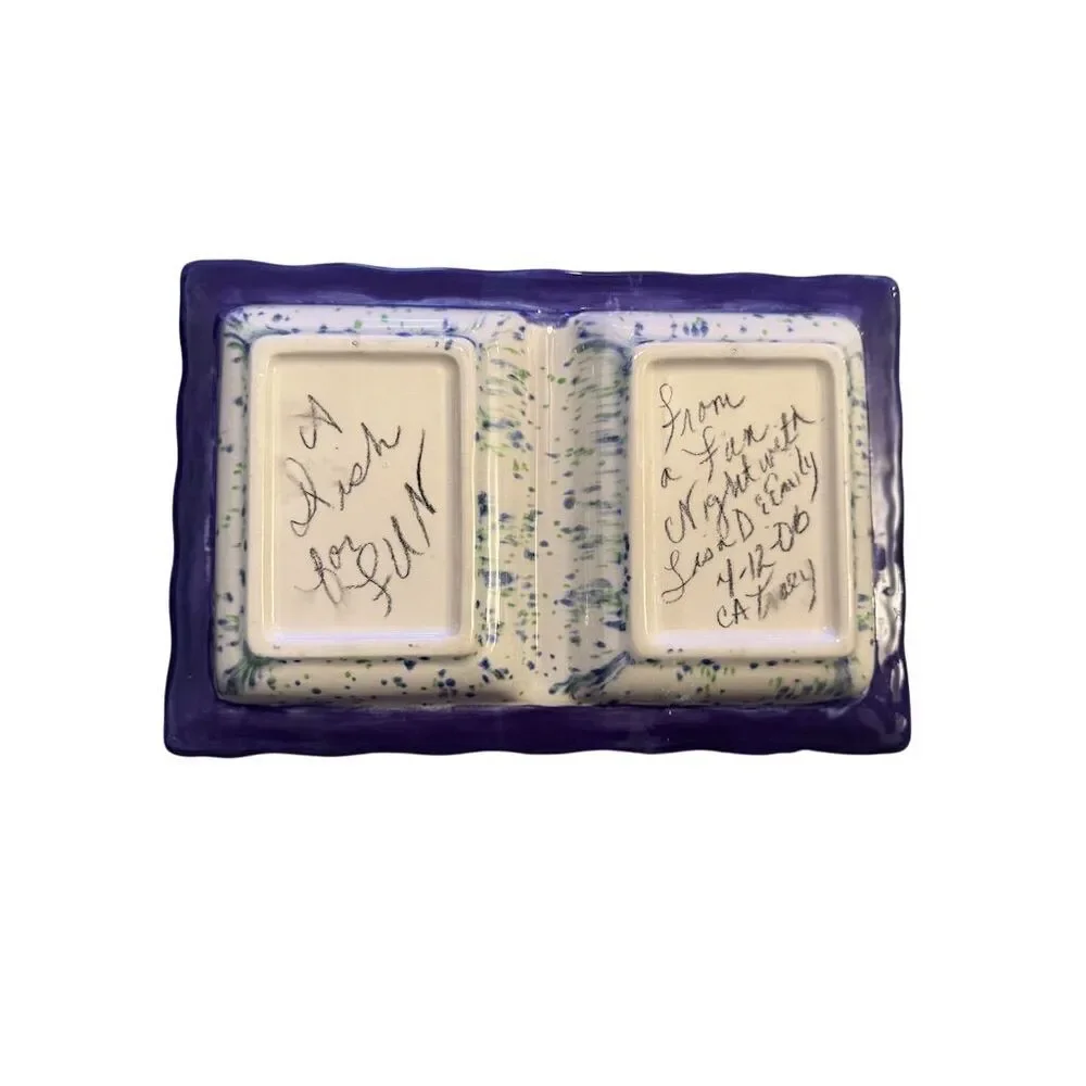 Handmade Artisan Speckled Blue Ceramic Dual-Section Serving Tray - Picture 4 of 6